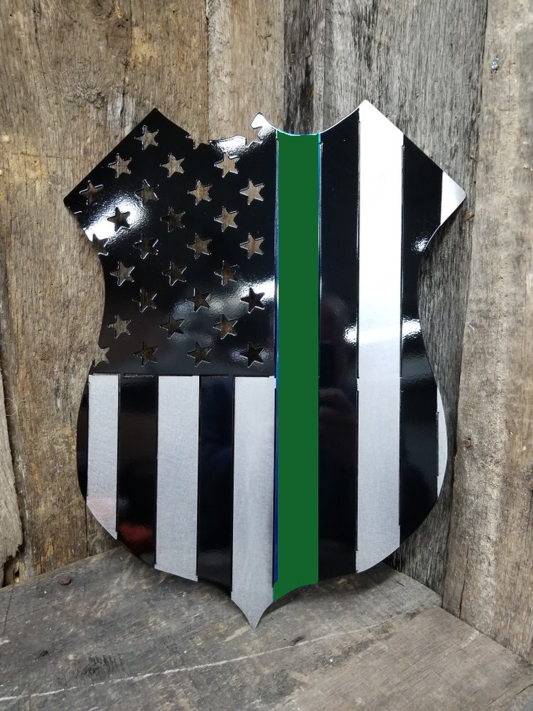 Veteran's Support Thin Green Line Battle Shield Steel Sign - Click Image to Close